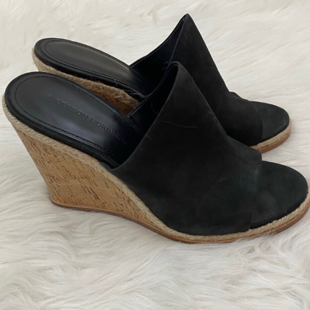 Sigerson Morrison Black Leather Cork Wedge Heels
